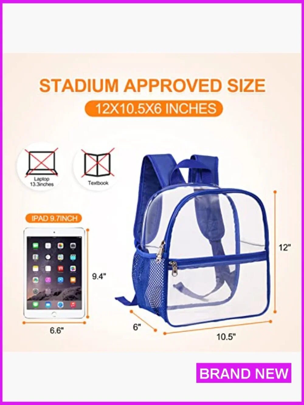 Stadium Approved Clear Backpack Lightweight PVC Waterproof Concert Bag 12x6x12